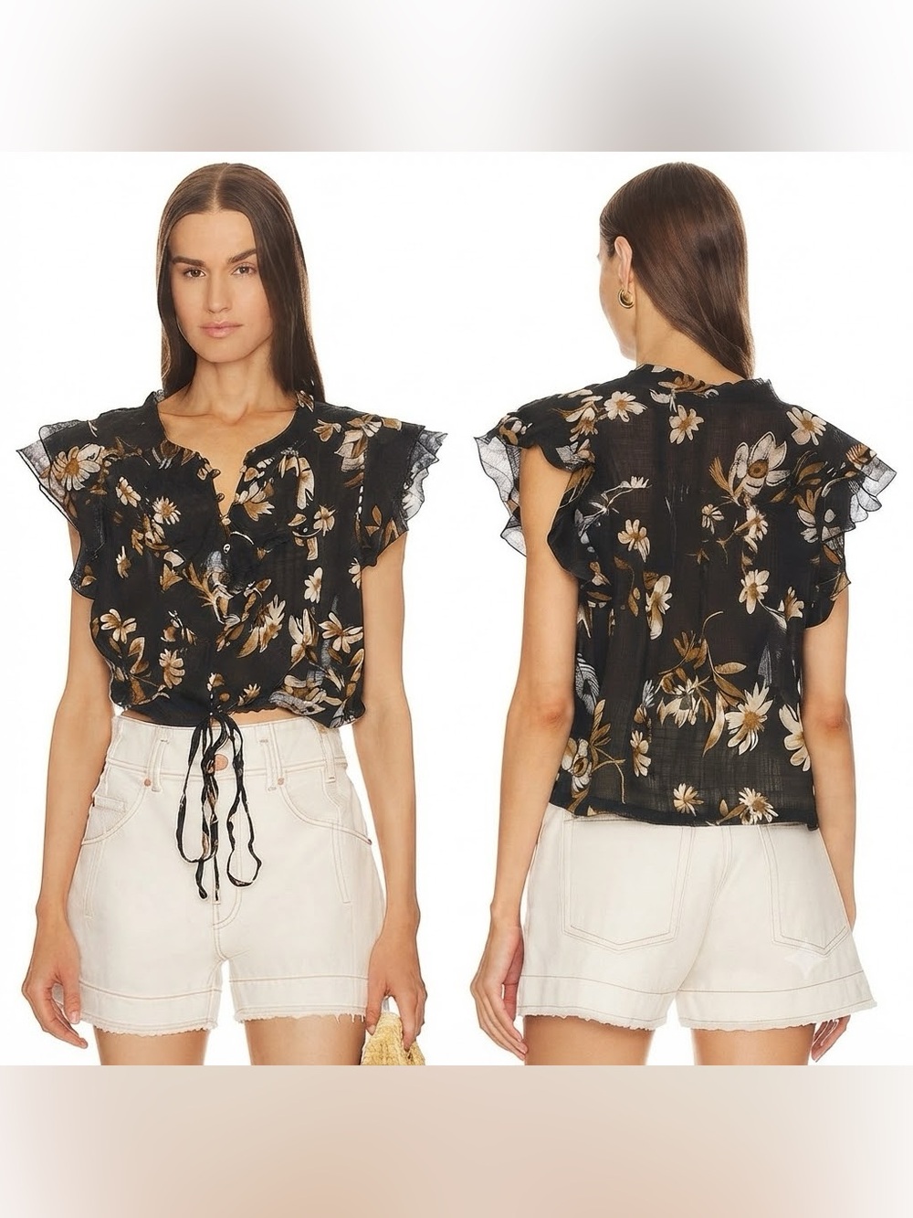 NWT Free People FP One Naya Floral Ruffle Lightweight Blouse Black Combo XS
